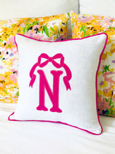 Load image into Gallery viewer, Appliqué Bow Linen Pillow 16 x 16”